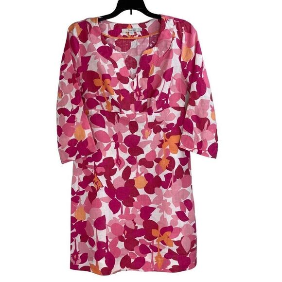 Boden Pink Side Zip Leaf Print 3/4 Sleeves Linen Tunic Dress Size 4R - Picture 1 of 7